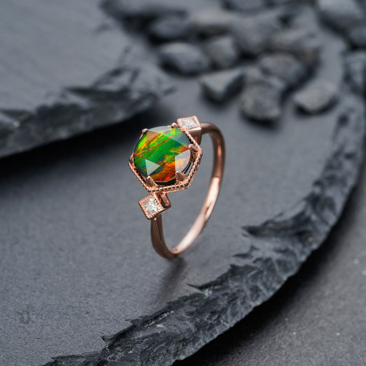 Unique Hexagon Canada Ancient Ammolite Engagement Ring, Vintage Three Stones Wedding Promise Ring, 14K Rose Gold Fossil Gem Ring For Women - ShainJewelry
