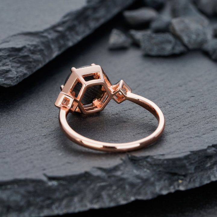 Unique Hexagon Canada Ancient Ammolite Engagement Ring, Vintage Three Stones Wedding Promise Ring, 14K Rose Gold Fossil Gem Ring For Women - ShainJewelry