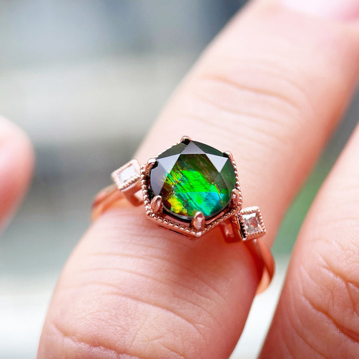 Unique Hexagon Canada Ancient Ammolite Engagement Ring, Vintage Three Stones Wedding Promise Ring, 14K Rose Gold Fossil Gem Ring For Women - ShainJewelry