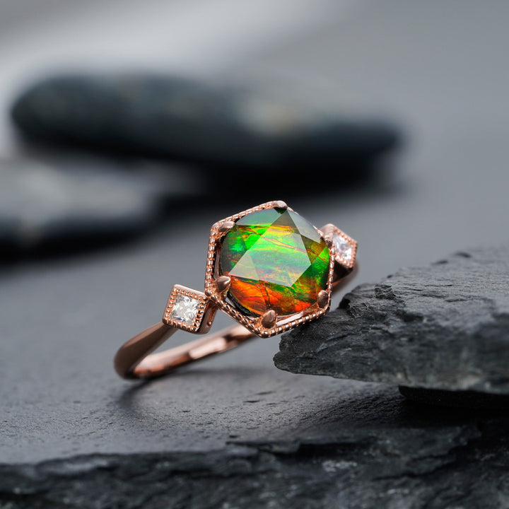 Unique Hexagon Canada Ancient Ammolite Engagement Ring, Vintage Three Stones Wedding Promise Ring, 14K Rose Gold Fossil Gem Ring For Women - ShainJewelry