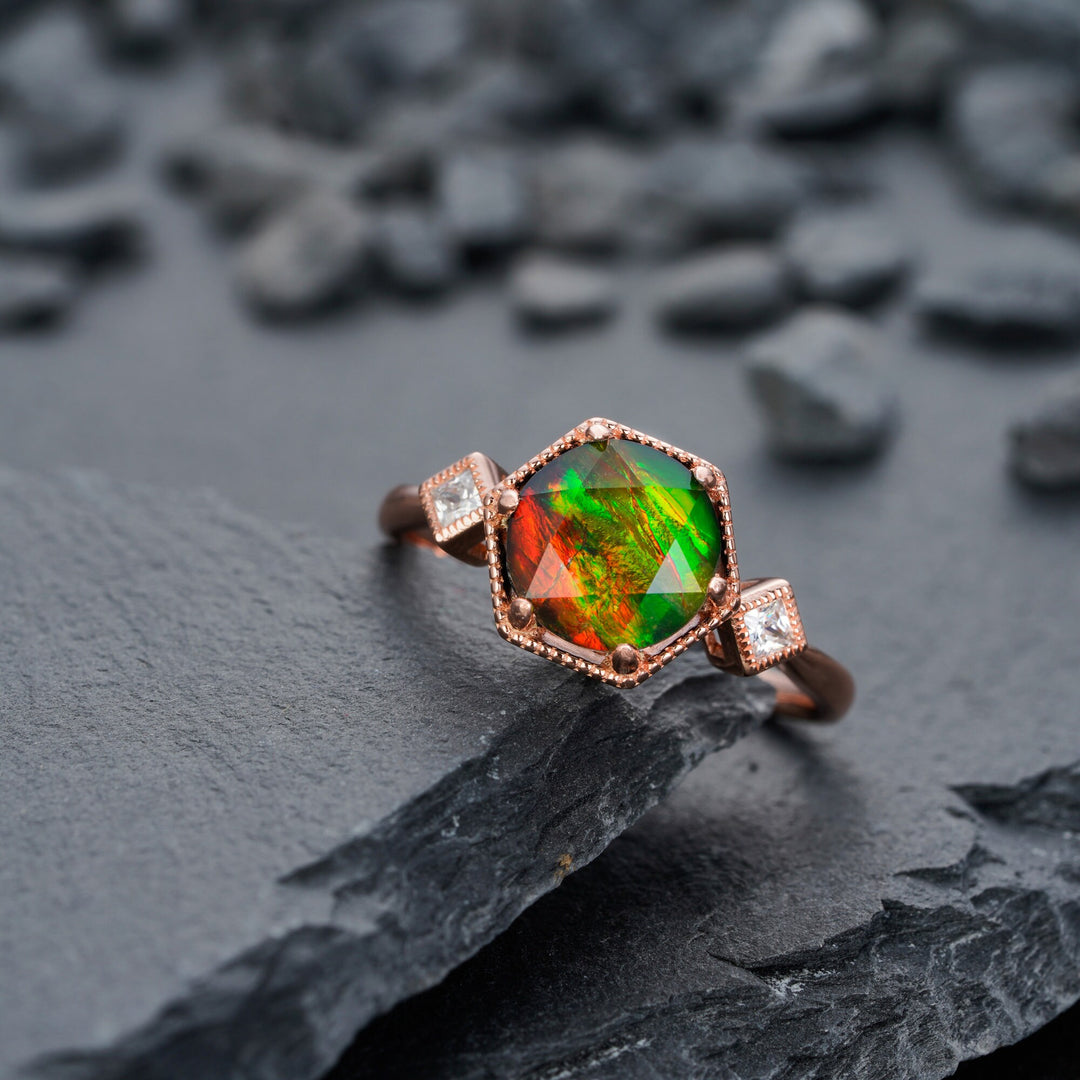 Unique Hexagon Canada Ancient Ammolite Engagement Ring, Vintage Three Stones Wedding Promise Ring, 14K Rose Gold Fossil Gem Ring For Women - ShainJewelry