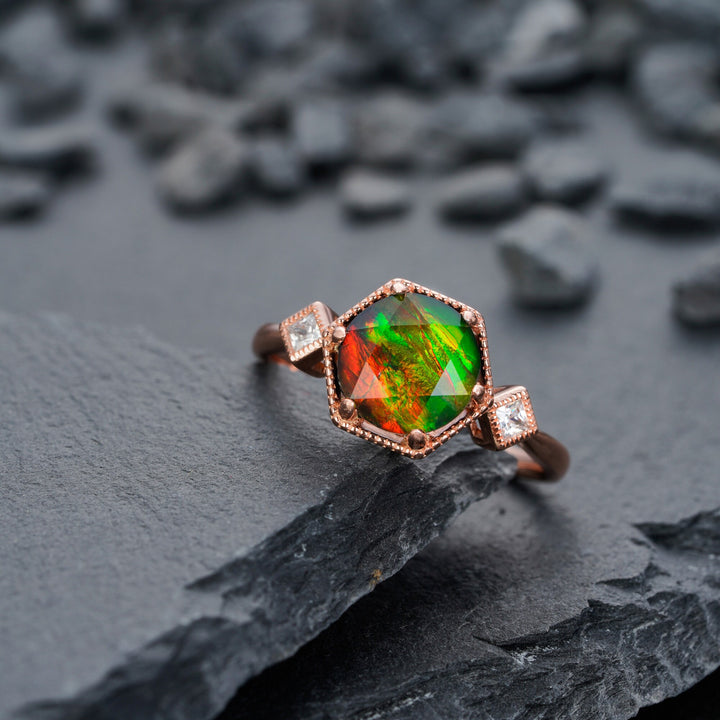 Unique Hexagon Canada Ancient Ammolite Engagement Ring, Vintage Three Stones Wedding Promise Ring, 14K Rose Gold Fossil Gem Ring For Women - ShainJewelry