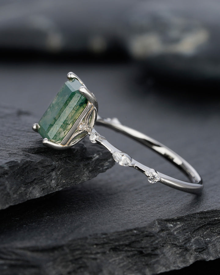 Vintage Emerald Cut Green Tree Moss Agate Engagement Ring Unique 14k White Gold or Silver Anniversary Moss Agate Wedding Ring Gift For Women - ShainJewelry