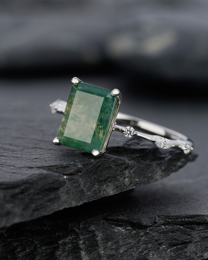 Vintage Emerald Cut Green Tree Moss Agate Engagement Ring Unique 14k White Gold or Silver Anniversary Moss Agate Wedding Ring Gift For Women - ShainJewelry
