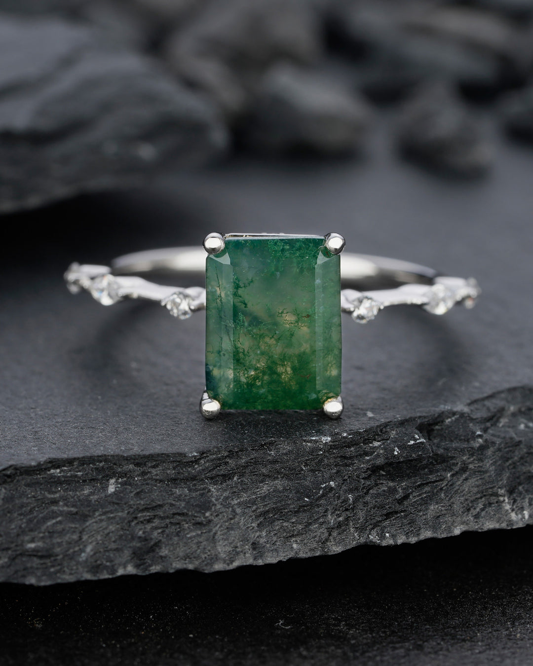 Vintage Emerald Cut Green Tree Moss Agate Engagement Ring Unique 14k White Gold or Silver Anniversary Moss Agate Wedding Ring Gift For Women - ShainJewelry