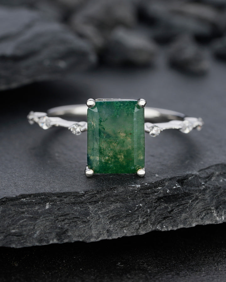 Vintage Emerald Cut Green Tree Moss Agate Engagement Ring Unique 14k White Gold or Silver Anniversary Moss Agate Wedding Ring Gift For Women - ShainJewelry