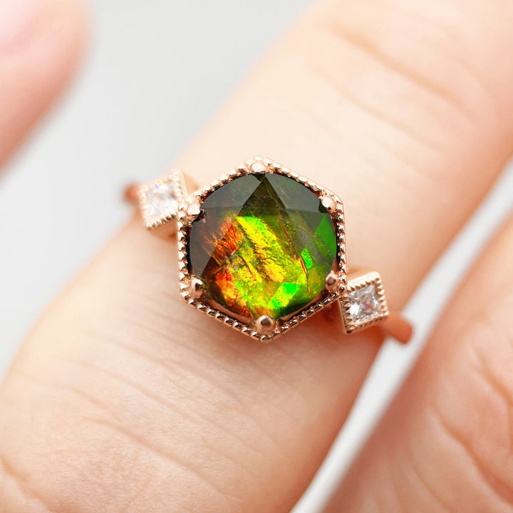 Unique Hexagon Canada Ancient Ammolite Engagement Ring, Vintage Three Stones Wedding Promise Ring, 14K Rose Gold Fossil Gem Ring For Women - ShainJewelry