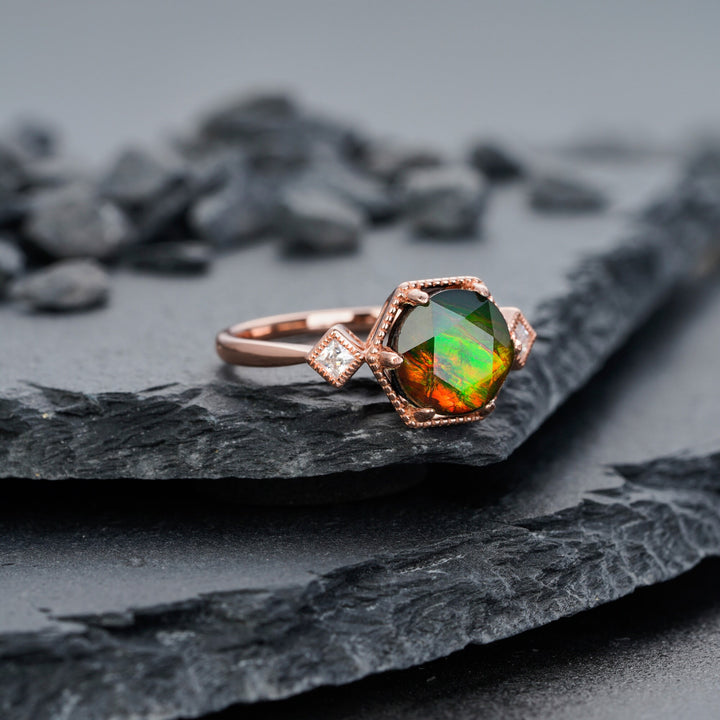 Unique Hexagon Canada Ancient Ammolite Engagement Ring, Vintage Three Stones Wedding Promise Ring, 14K Rose Gold Fossil Gem Ring For Women - ShainJewelry