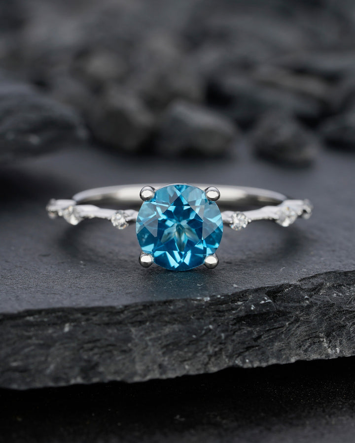 Natural Swiss Blue Topaz Engagement Ring Round Cut November Birthstone 14k White Gold /Silver Anniversary Promise Wedding Meaningful Gift - ShainJewelry