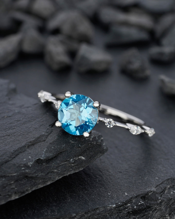 Natural Swiss Blue Topaz Engagement Ring Round Cut November Birthstone 14k White Gold /Silver Anniversary Promise Wedding Meaningful Gift - ShainJewelry