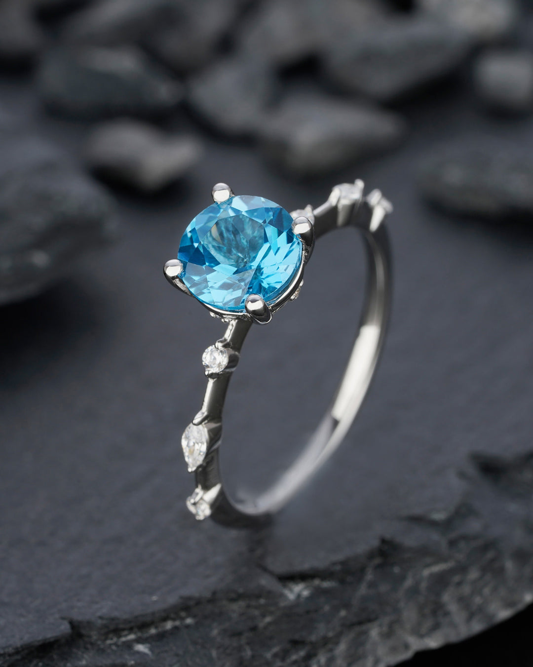 Natural Swiss Blue Topaz Engagement Ring Round Cut November Birthstone 14k White Gold /Silver Anniversary Promise Wedding Meaningful Gift - ShainJewelry