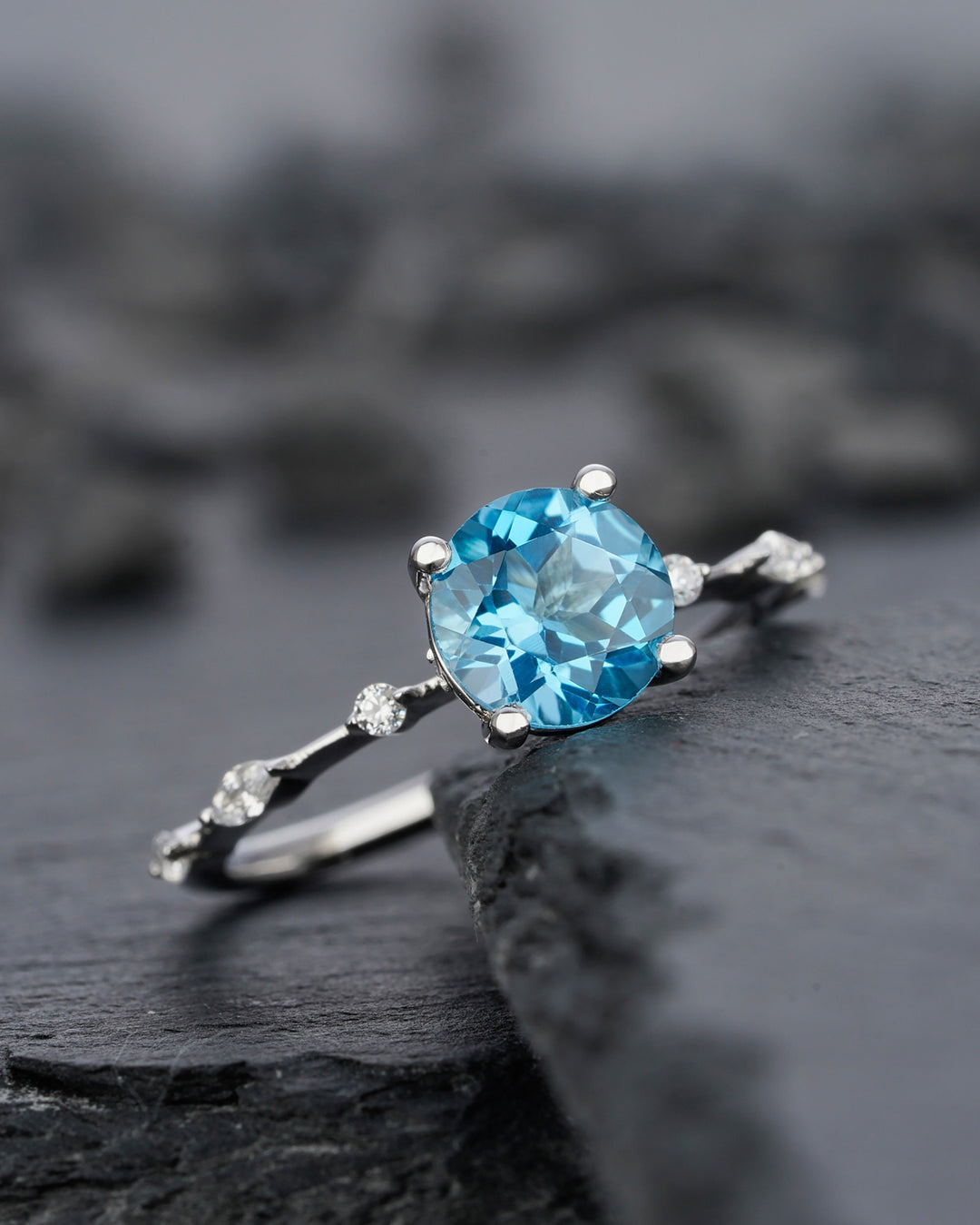 Natural Swiss Blue Topaz Engagement Ring Round Cut November Birthstone 14k White Gold /Silver Anniversary Promise Wedding Meaningful Gift - ShainJewelry