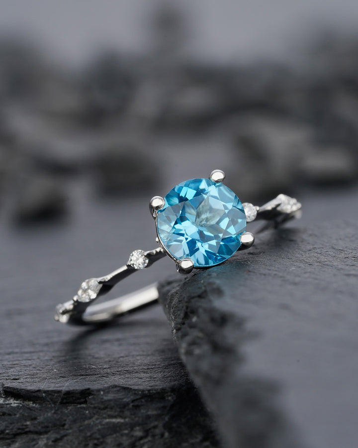 Natural Swiss Blue Topaz Engagement Ring Round Cut November Birthstone 14k White Gold /Silver Anniversary Promise Wedding Meaningful Gift - ShainJewelry