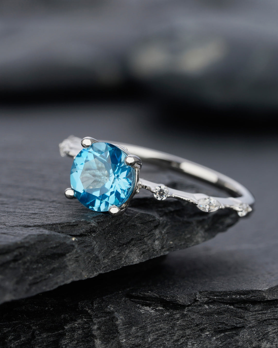 Natural Swiss Blue Topaz Engagement Ring Round Cut November Birthstone 14k White Gold /Silver Anniversary Promise Wedding Meaningful Gift - ShainJewelry