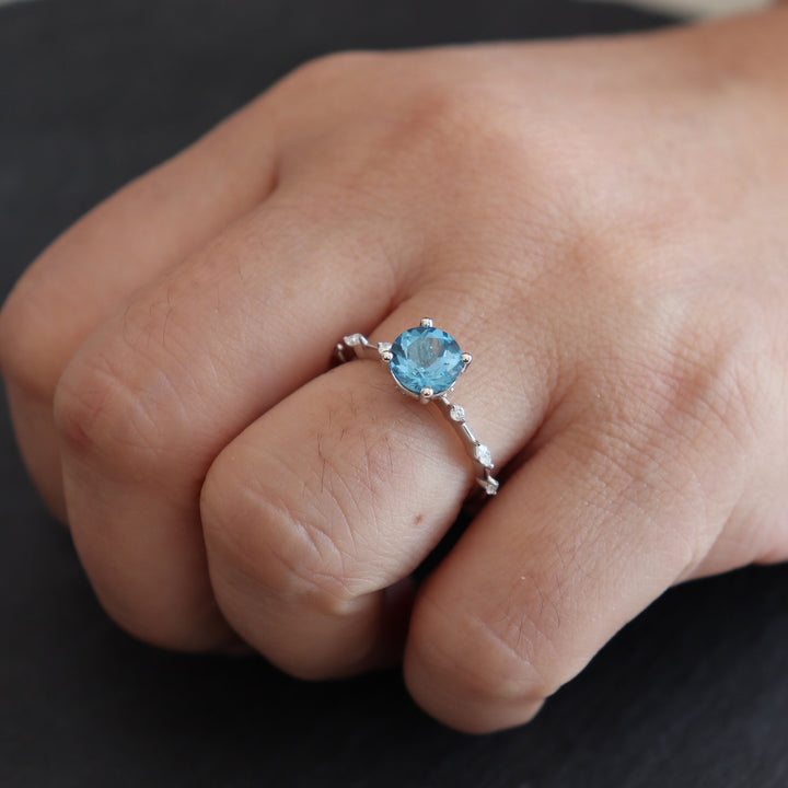 Natural Swiss Blue Topaz Engagement Ring Round Cut November Birthstone 14k White Gold /Silver Anniversary Promise Wedding Meaningful Gift - ShainJewelry