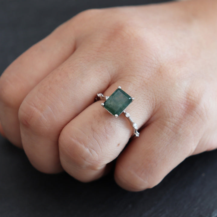 Vintage Emerald Cut Green Tree Moss Agate Engagement Ring Unique 14k White Gold or Silver Anniversary Moss Agate Wedding Ring Gift For Women - ShainJewelry