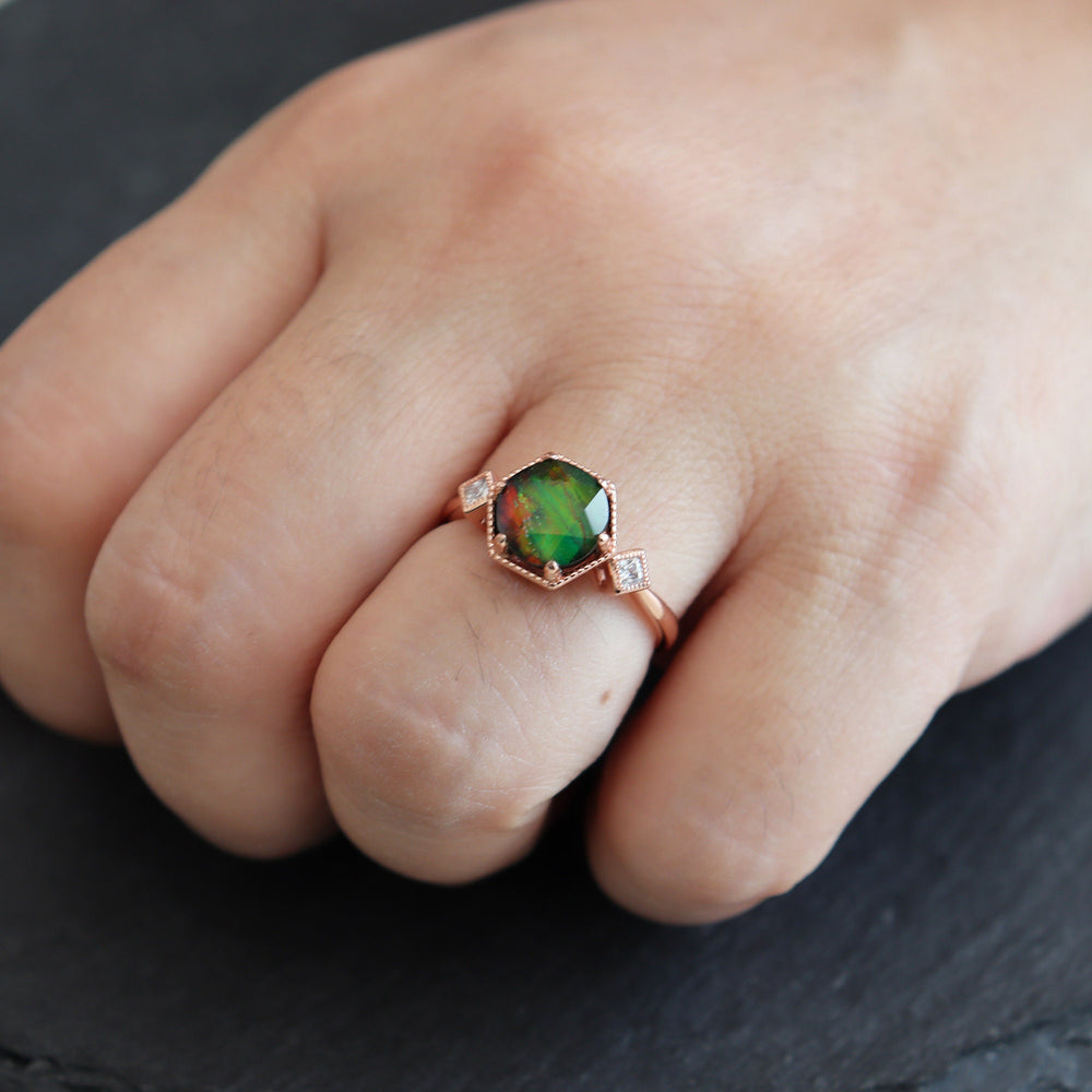 Unique Hexagon Canada Ancient Ammolite Engagement Ring, Vintage Three Stones Wedding Promise Ring, 14K Rose Gold Fossil Gem Ring For Women - ShainJewelry