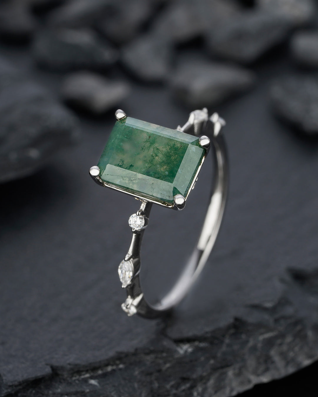 Vintage Emerald Cut Green Tree Moss Agate Engagement Ring Unique 14k White Gold or Silver Anniversary Moss Agate Wedding Ring Gift For Women - ShainJewelry