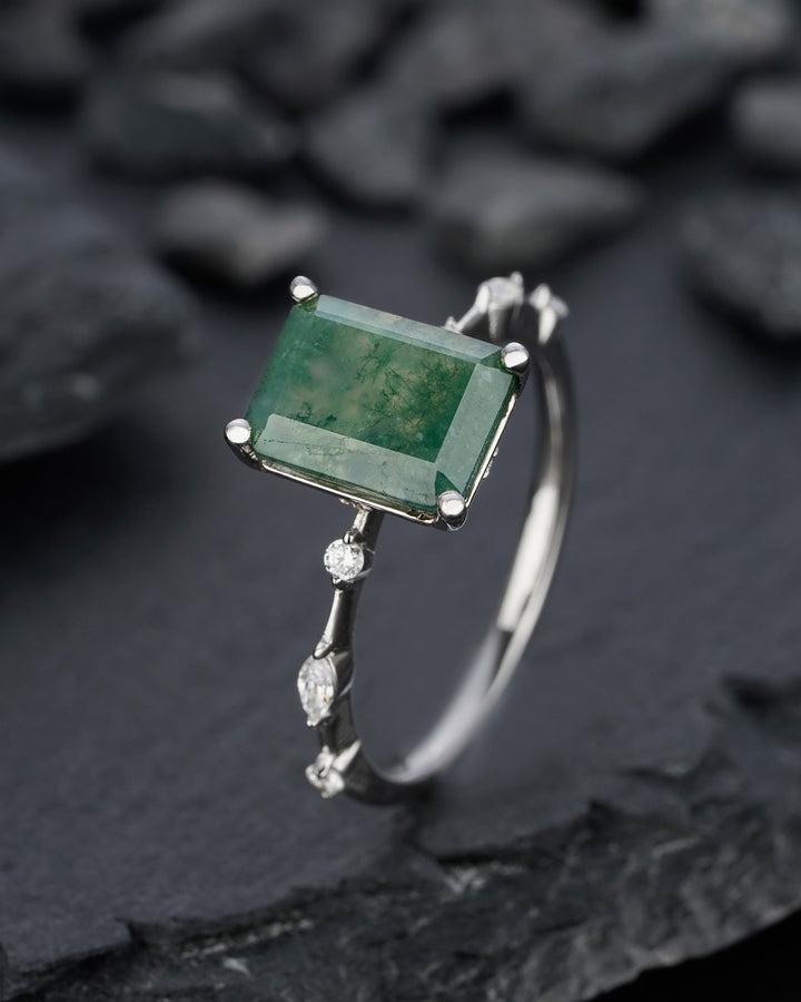 Vintage Emerald Cut Green Tree Moss Agate Engagement Ring Unique 14k White Gold or Silver Anniversary Moss Agate Wedding Ring Gift For Women - ShainJewelry