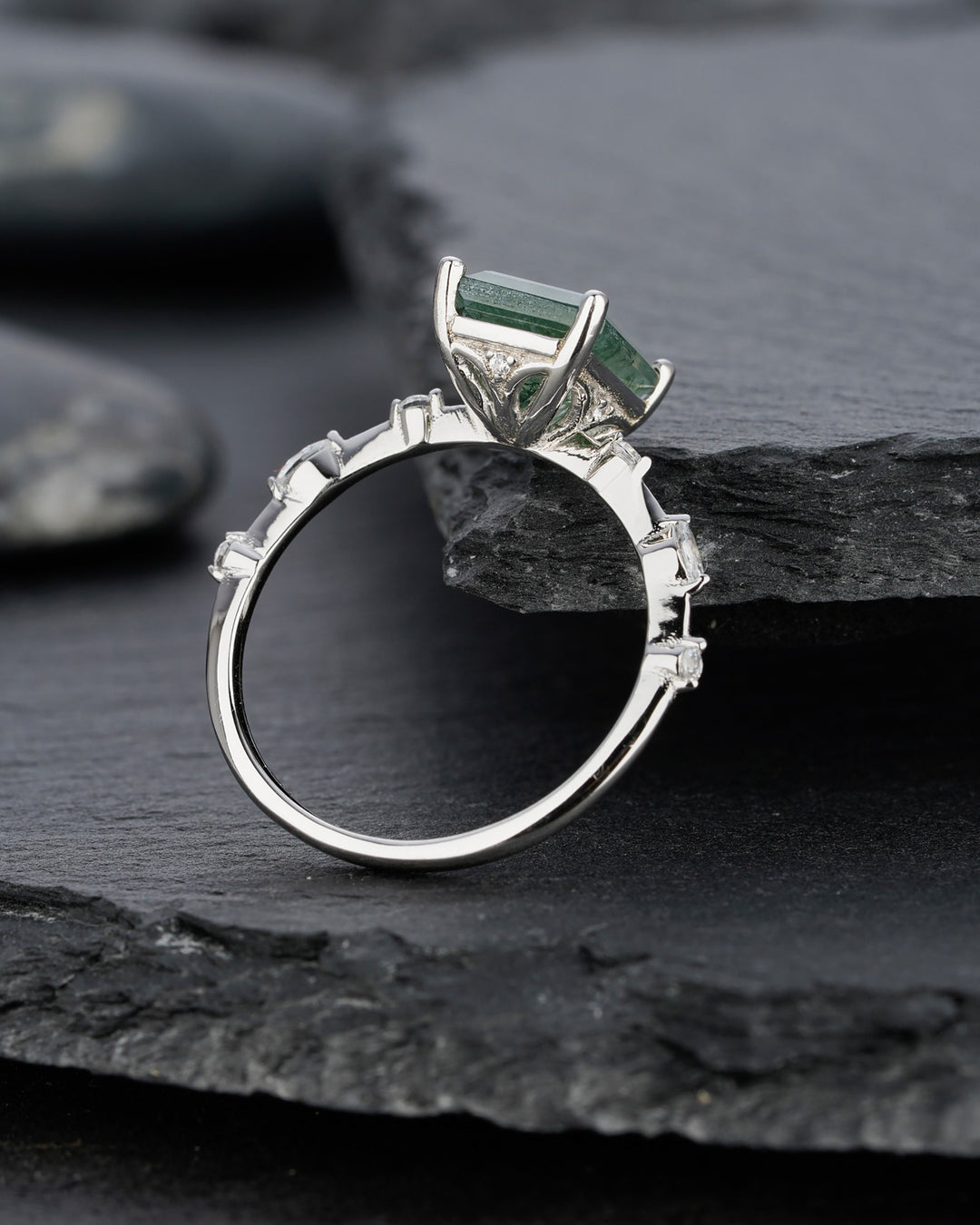 Vintage Emerald Cut Green Tree Moss Agate Engagement Ring Unique 14k White Gold or Silver Anniversary Moss Agate Wedding Ring Gift For Women - ShainJewelry