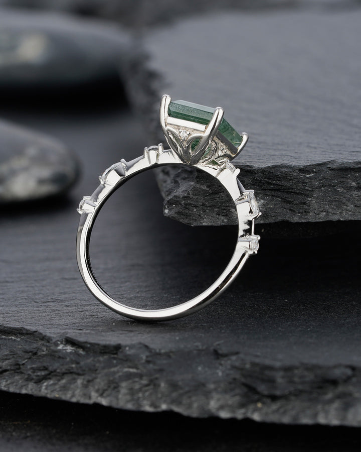 Vintage Emerald Cut Green Tree Moss Agate Engagement Ring Unique 14k White Gold or Silver Anniversary Moss Agate Wedding Ring Gift For Women - ShainJewelry