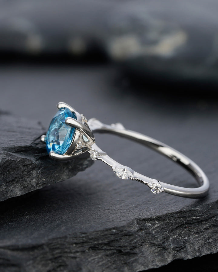 Natural Swiss Blue Topaz Engagement Ring Round Cut November Birthstone 14k White Gold /Silver Anniversary Promise Wedding Meaningful Gift - ShainJewelry
