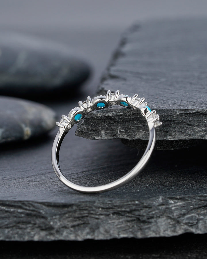 Natural Blue Turquoise Wedding Band, Engagement Promise Stackable Ring, Round Cut White Gold Matching Band, Anniversary Beautiful Ring Gift - ShainJewelry