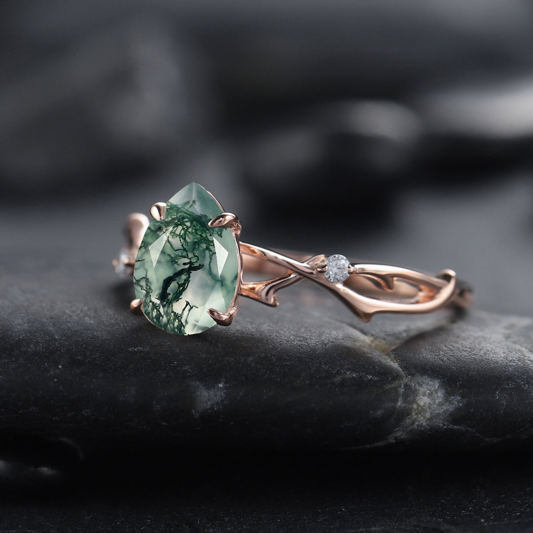 Vintage 1 Carat Pear Cut Moss Agate and Diamond Engagement Ring 14K Rose Gold Moissanite Branch Twig Promise Wedding Ring For Women - ShainJewelry