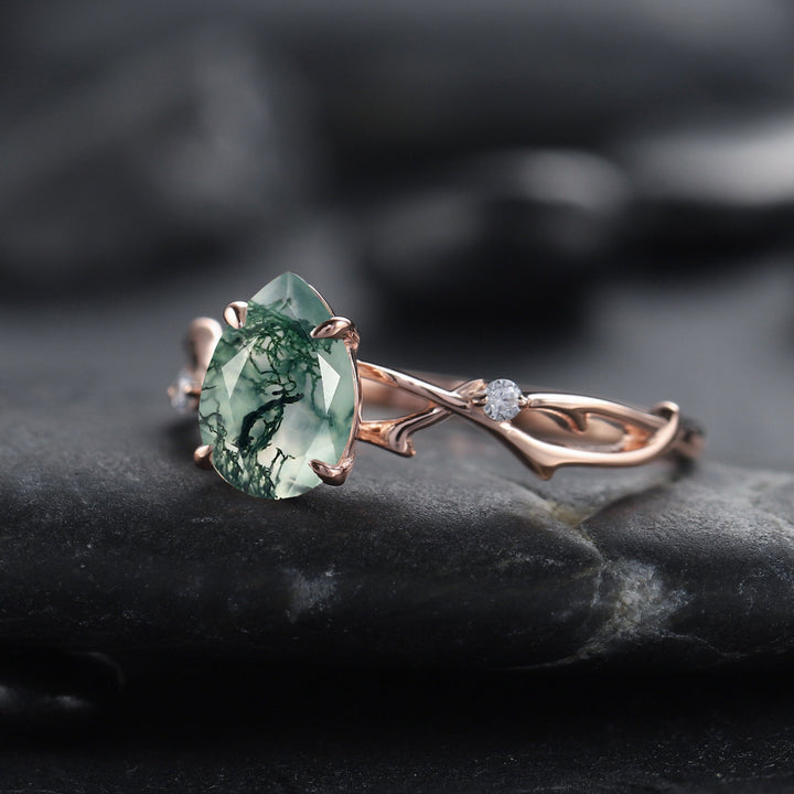 Vintage 1 Carat Pear Cut Moss Agate and Diamond Engagement Ring 14K Rose Gold Moissanite Branch Twig Promise Wedding Ring For Women - ShainJewelry