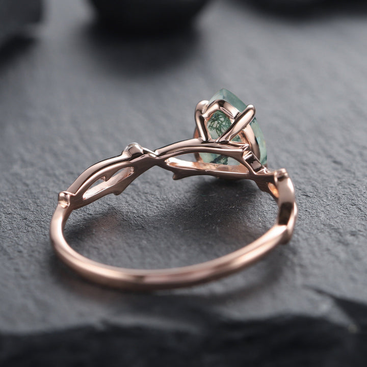 Vintage 1 Carat Pear Cut Moss Agate and Diamond Engagement Ring 14K Rose Gold Moissanite Branch Twig Promise Wedding Ring For Women - ShainJewelry