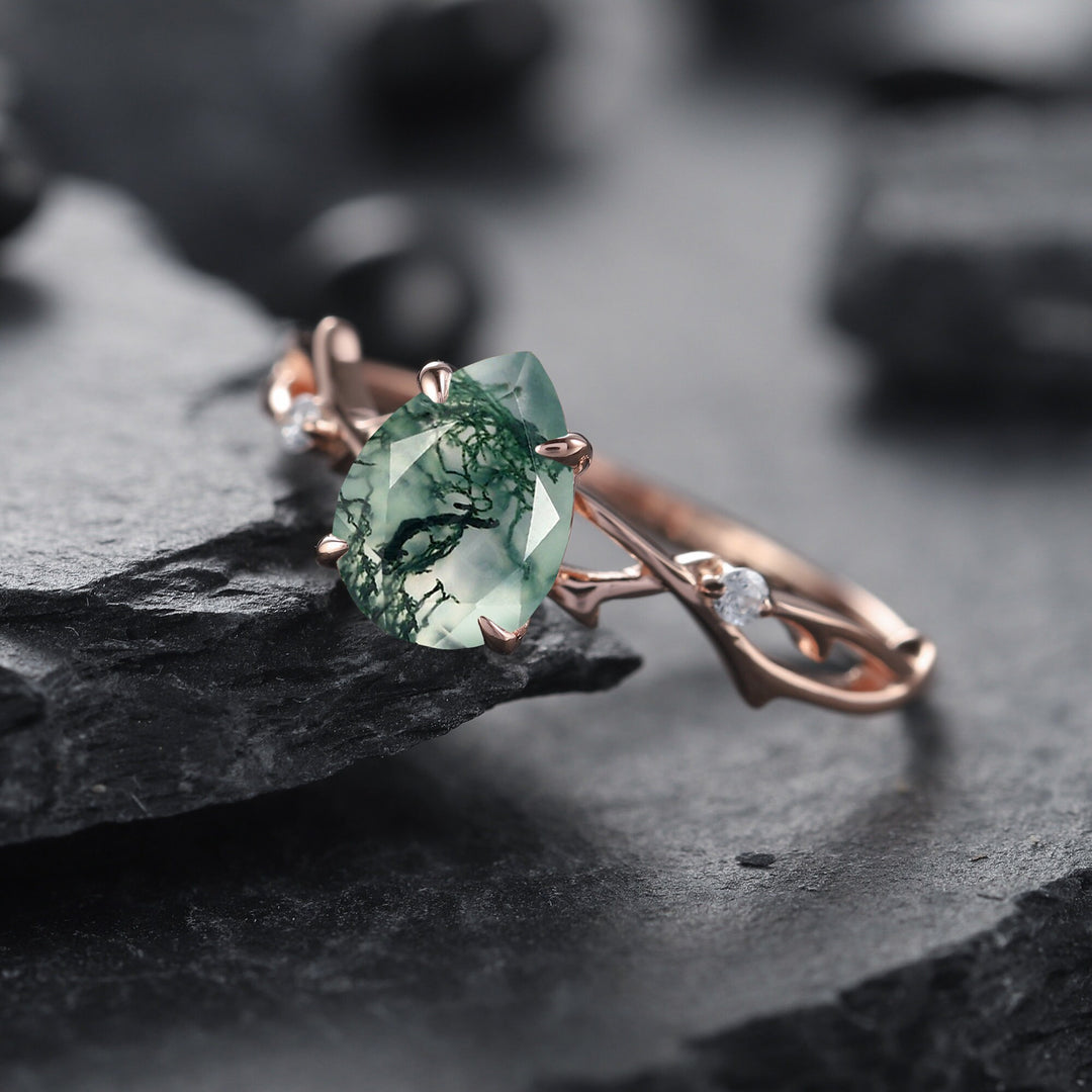 Vintage 1 Carat Pear Cut Moss Agate and Diamond Engagement Ring 14K Rose Gold Moissanite Branch Twig Promise Wedding Ring For Women - ShainJewelry