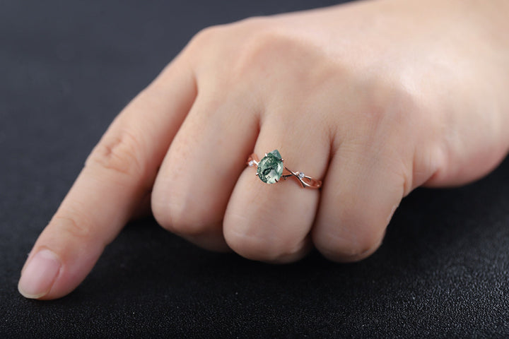 Vintage 1 Carat Pear Cut Moss Agate and Diamond Engagement Ring 14K Rose Gold Moissanite Branch Twig Promise Wedding Ring For Women - ShainJewelry