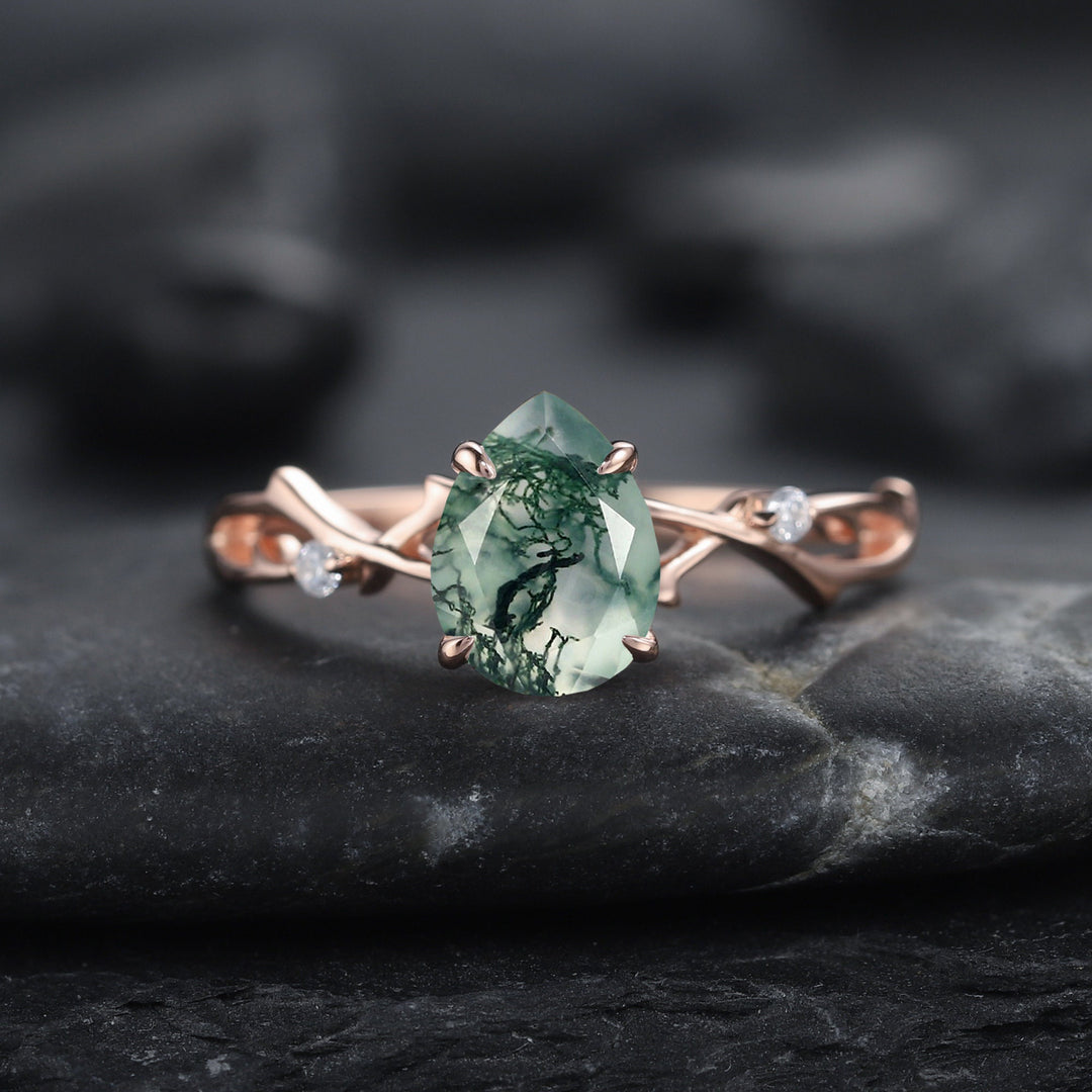 Vintage 1 Carat Pear Cut Moss Agate and Diamond Engagement Ring 14K Rose Gold Moissanite Branch Twig Promise Wedding Ring For Women - ShainJewelry