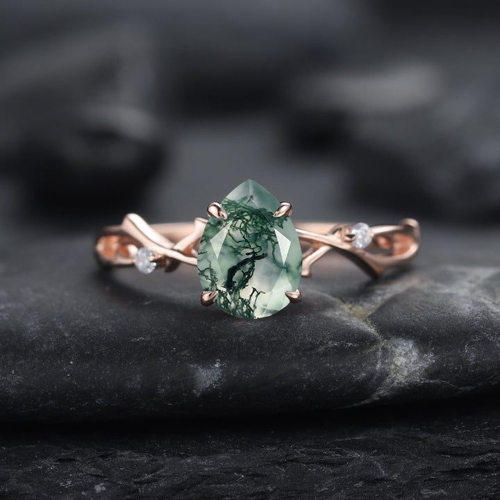 Vintage 1 Carat Pear Cut Moss Agate and Diamond Engagement Ring 14K Rose Gold Moissanite Branch Twig Promise Wedding Ring For Women - ShainJewelry