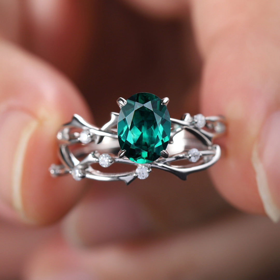 Platinum Oval Shape Emerald and Diamond Engagement Ring Set, White Gold Twig Branch Promise Ring, Silver Wedding Bridal Ring Set for Women - ShainJewelry