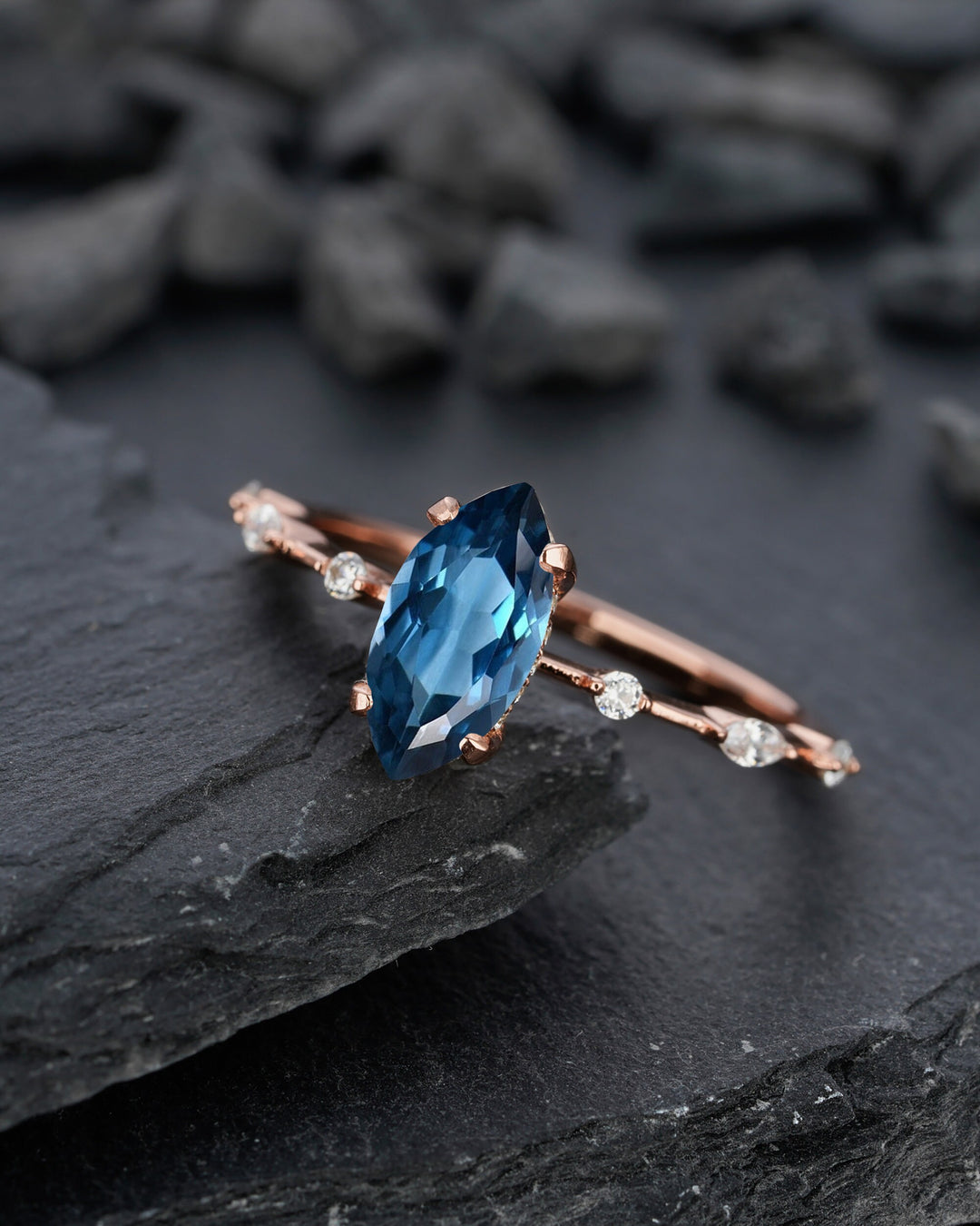 Vintage Marquise Cut London Blue Topaz Engagement Ring, Unique November Birthstone Wedding Ring, Topaz Promise Ring, Anniversary Ring Gift - ShainJewelry