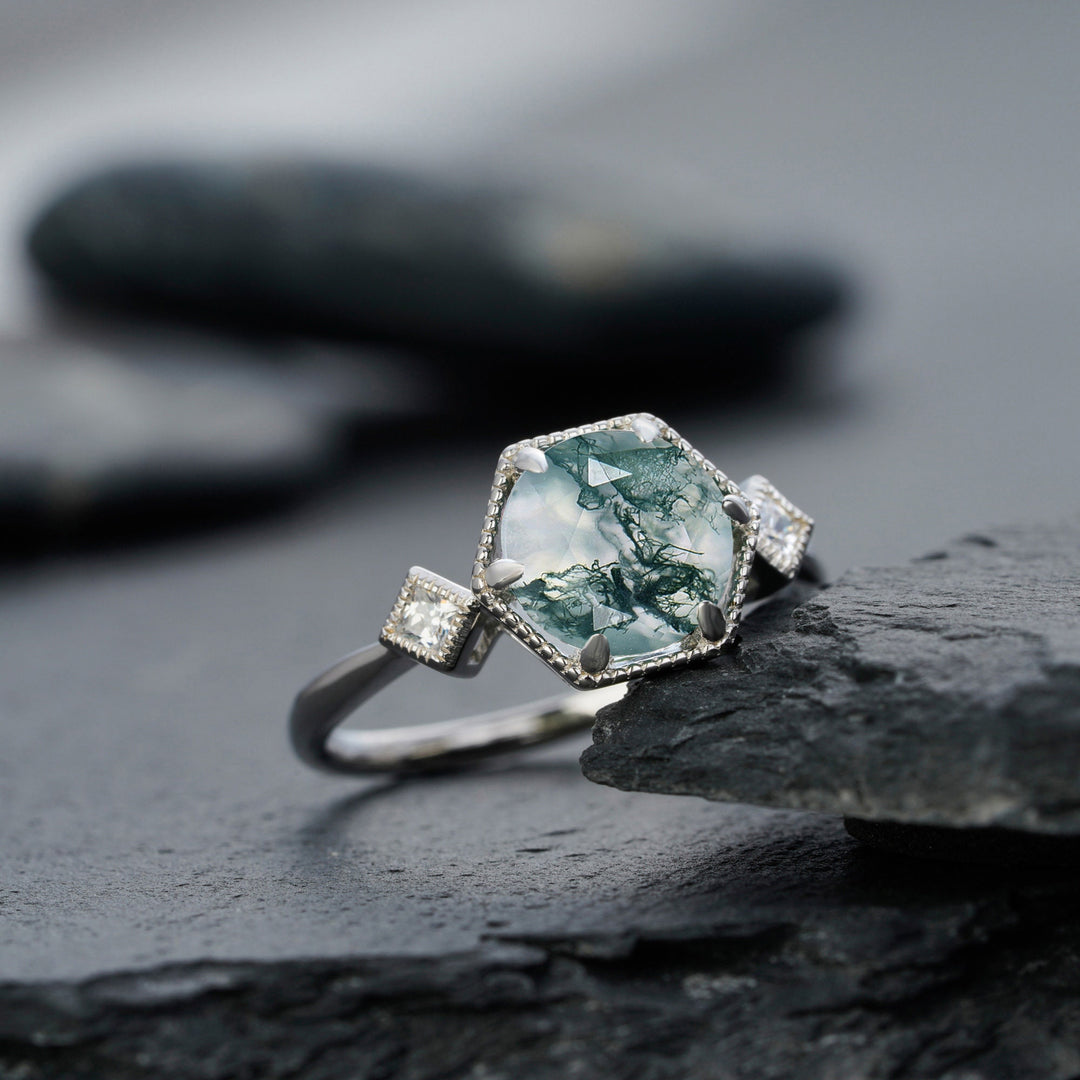 Vintage Round Shape Moss Agate Engagement Ring, Sterling Silver Anniversary Ring, 14K Gold Moss Agate Promise Wedding Ring Gift for Women - ShainJewelry