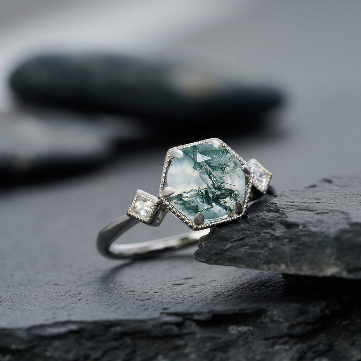 Vintage Round Shape Moss Agate Engagement Ring, Sterling Silver Anniversary Ring, 14K Gold Moss Agate Promise Wedding Ring Gift for Women - ShainJewelry
