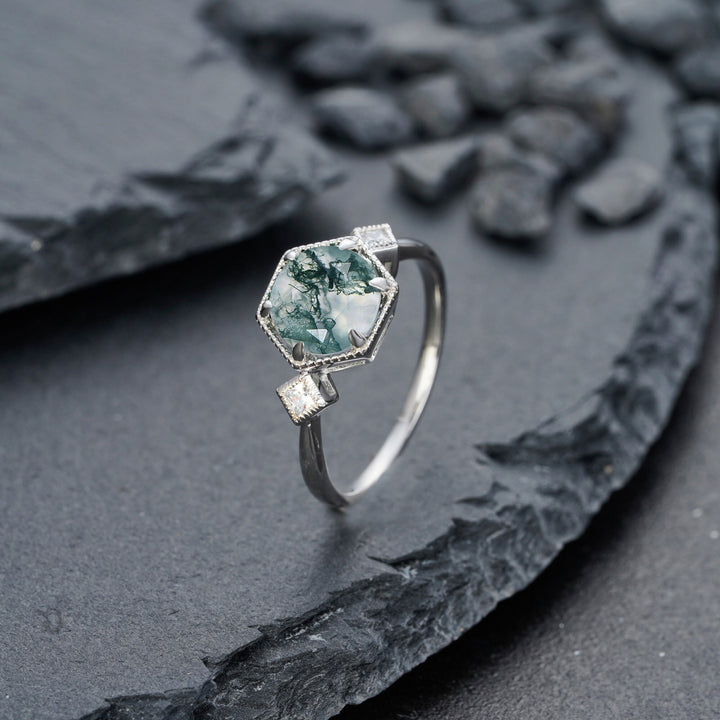 Vintage Round Shape Moss Agate Engagement Ring, Sterling Silver Anniversary Ring, 14K Gold Moss Agate Promise Wedding Ring Gift for Women - ShainJewelry