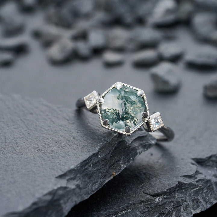 Vintage Round Shape Moss Agate Engagement Ring, Sterling Silver Anniversary Ring, 14K Gold Moss Agate Promise Wedding Ring Gift for Women - ShainJewelry