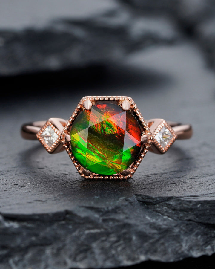 Unique Hexagon Canada Ancient Ammolite Engagement Ring, Vintage Three Stones Wedding Promise Ring, 14K Rose Gold Fossil Gem Ring For Women - ShainJewelry