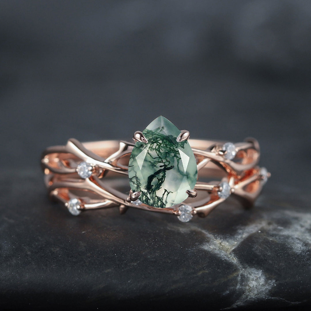 Vintage Pear Cut Moss Agate Diamond Engagement Ring Set 14K Rose Gold Moissanite Branch Twig Promise Wedding Rings Bridal Set For Women - ShainJewelry