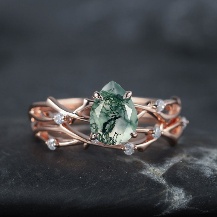 Vintage Pear Cut Moss Agate Diamond Engagement Ring Set 14K Rose Gold Moissanite Branch Twig Promise Wedding Rings Bridal Set For Women - ShainJewelry