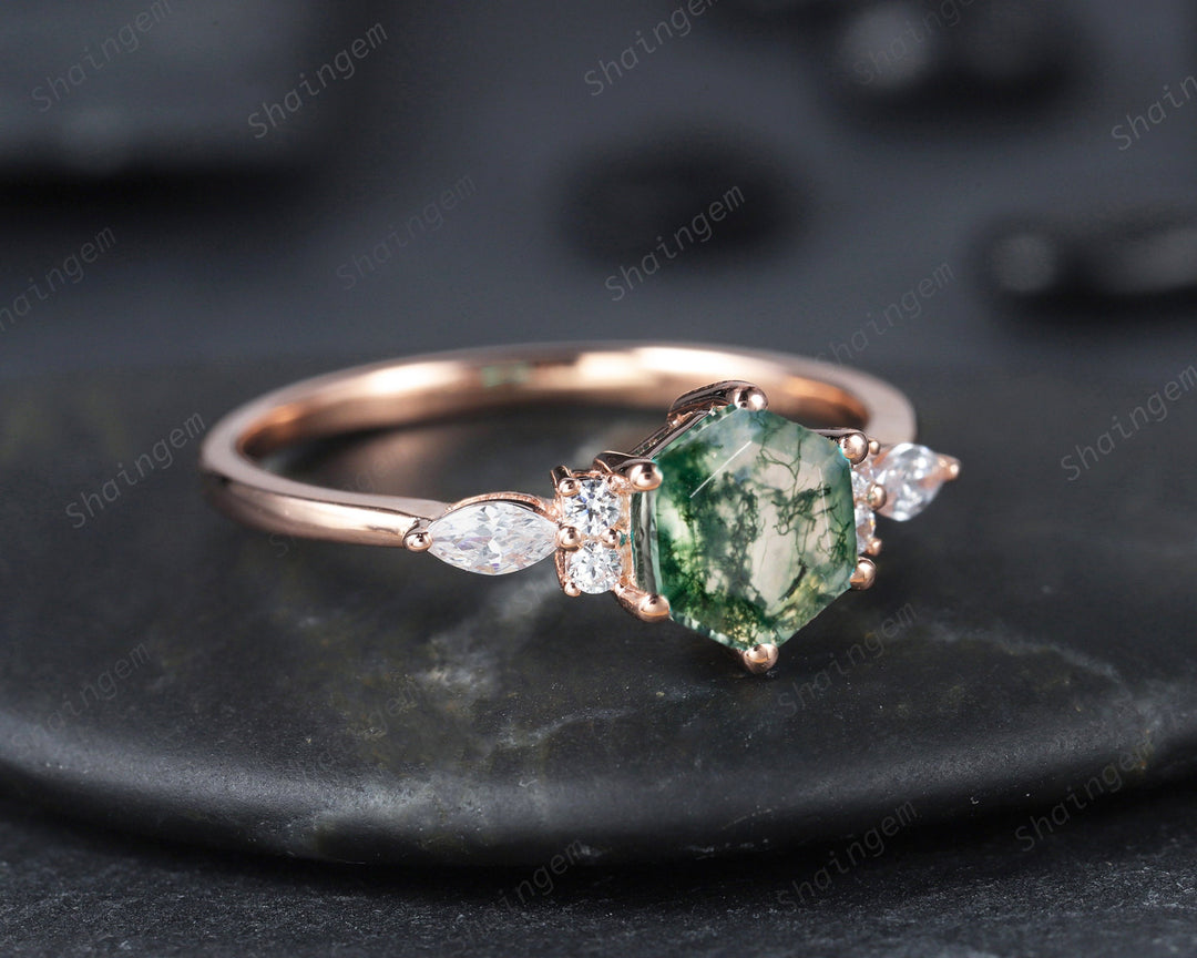 Unique Hexagon Moss Agate Engagement Ring, Vintage 14K White Gold 925 Sterling Silver Moss Agate Promise Ring, Art Deco Wedding Ring Gift - ShainJewelry