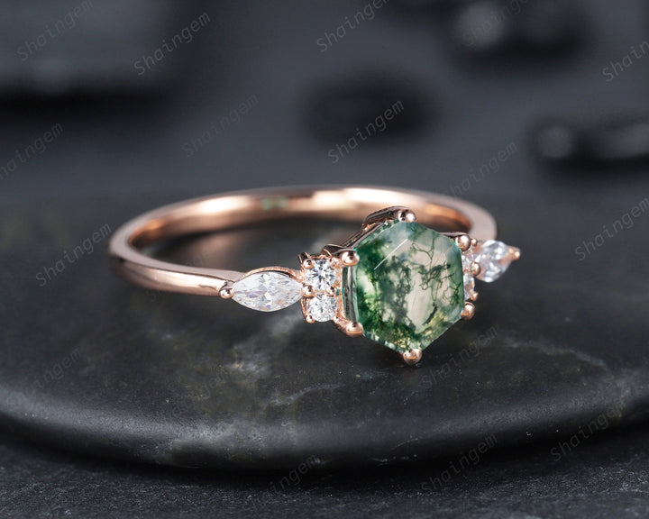 Unique Hexagon Moss Agate Engagement Ring, Vintage 14K White Gold 925 Sterling Silver Moss Agate Promise Ring, Art Deco Wedding Ring Gift - ShainJewelry