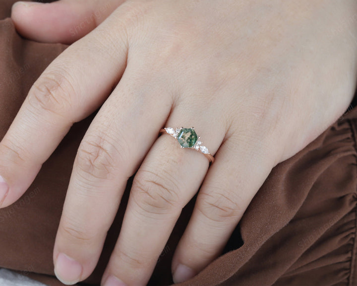 Unique Hexagon Moss Agate Engagement Ring, Vintage 14K White Gold 925 Sterling Silver Moss Agate Promise Ring, Art Deco Wedding Ring Gift - ShainJewelry