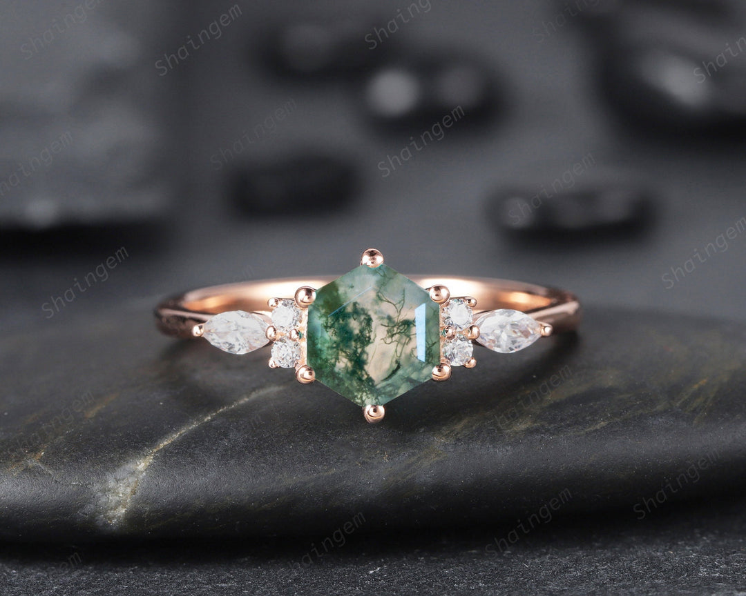 Unique Hexagon Moss Agate Engagement Ring, Vintage 14K White Gold 925 Sterling Silver Moss Agate Promise Ring, Art Deco Wedding Ring Gift - ShainJewelry
