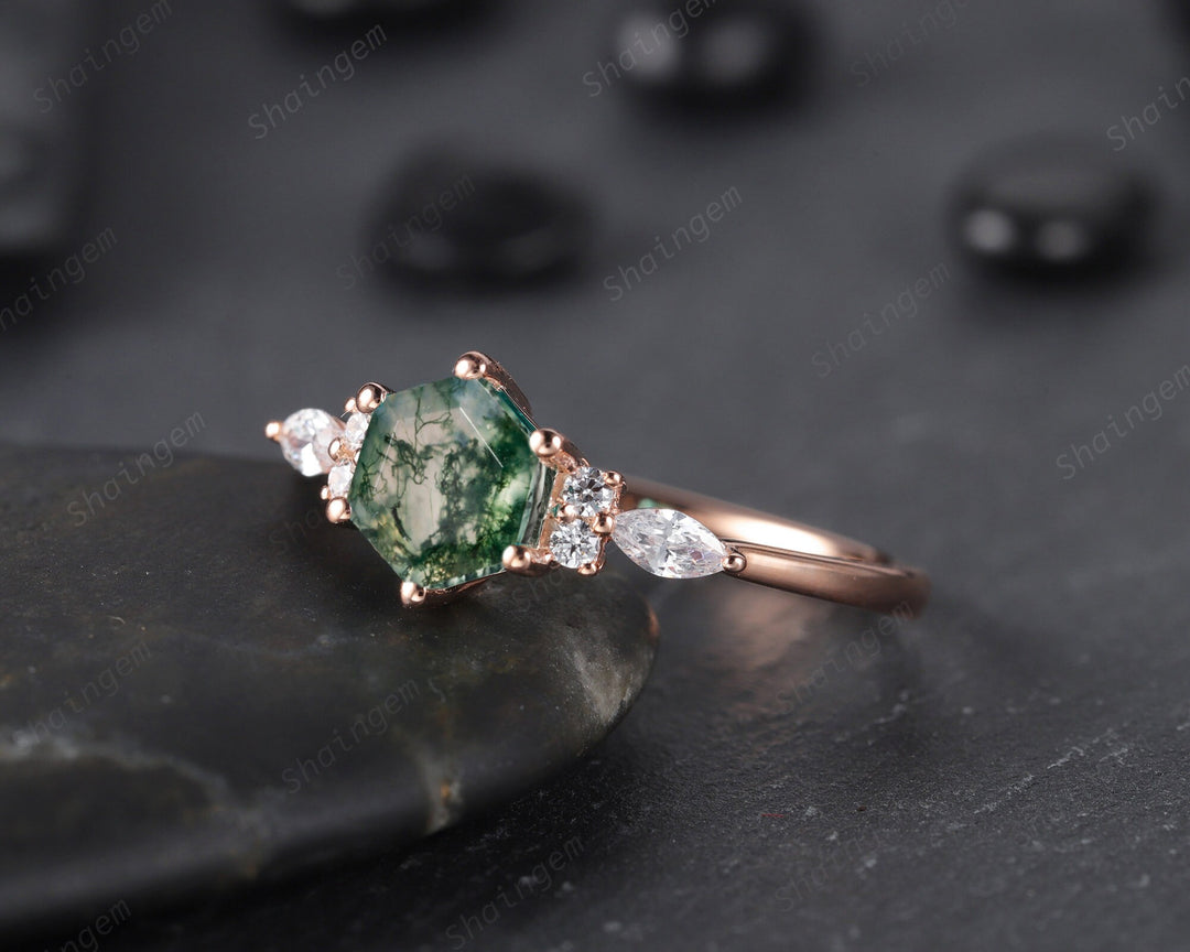 Unique Hexagon Moss Agate Engagement Ring, Vintage 14K White Gold 925 Sterling Silver Moss Agate Promise Ring, Art Deco Wedding Ring Gift - ShainJewelry