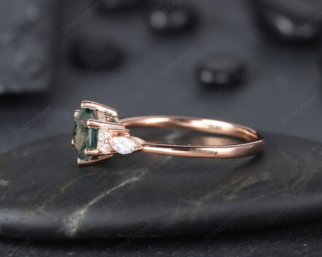 Unique Hexagon Moss Agate Engagement Ring, Vintage 14K White Gold 925 Sterling Silver Moss Agate Promise Ring, Art Deco Wedding Ring Gift - ShainJewelry