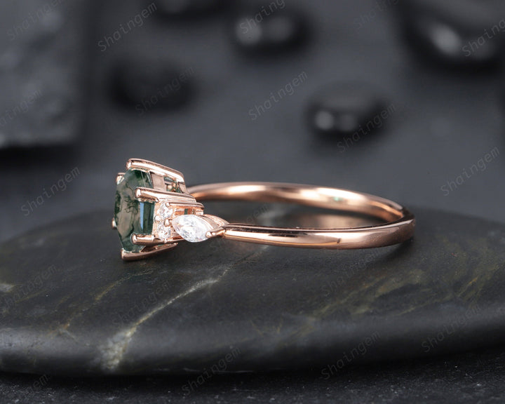 Unique Hexagon Moss Agate Engagement Ring, Vintage 14K White Gold 925 Sterling Silver Moss Agate Promise Ring, Art Deco Wedding Ring Gift - ShainJewelry
